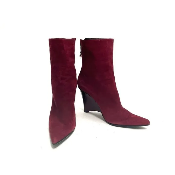 Vintage 1990s burgundy suede pointed toe zip up wedge heel ankle boots