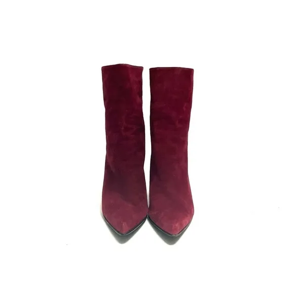 Vintage 1990s burgundy suede pointed toe zip up wedge heel ankle boots