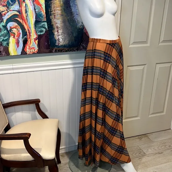 Vintage 70s Beverly Paige Pleated Circle Plaid Maxi, Made in USA- Orange &amp; Green