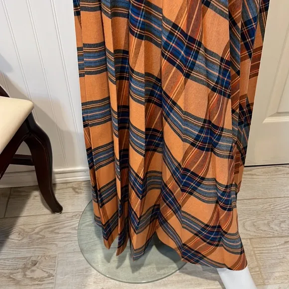 Vintage 70s Beverly Paige Pleated Circle Plaid Maxi, Made in USA- Orange &amp; Green