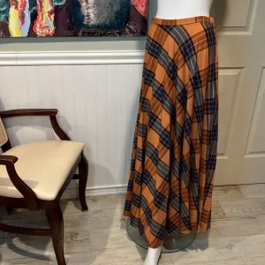 Vintage 70s Beverly Paige Pleated Circle Plaid Maxi, Made in USA- Orange &amp; Green