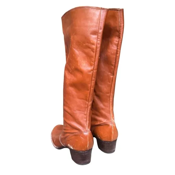 Vintage 70s boho retro brown leather below the knee go go boots fits like 8