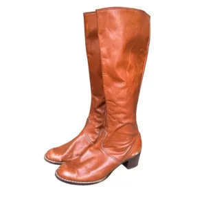 Vintage 70s boho retro brown leather below the knee go go boots fits like 8