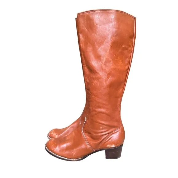 Vintage 70s boho retro brown leather below the knee go go boots fits like 8