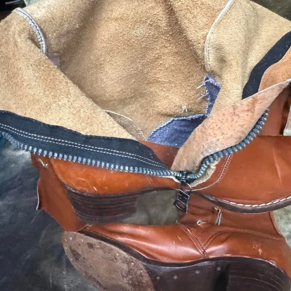 Vintage 70s boho retro brown leather below the knee go go boots fits like 8