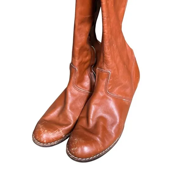 Vintage 70s boho retro brown leather below the knee go go boots fits like 8