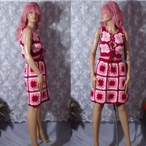 Vintage 70s Skirt Vest Set 1970s Crochet Red &amp; Pink Boho Hippie Mod Size Small