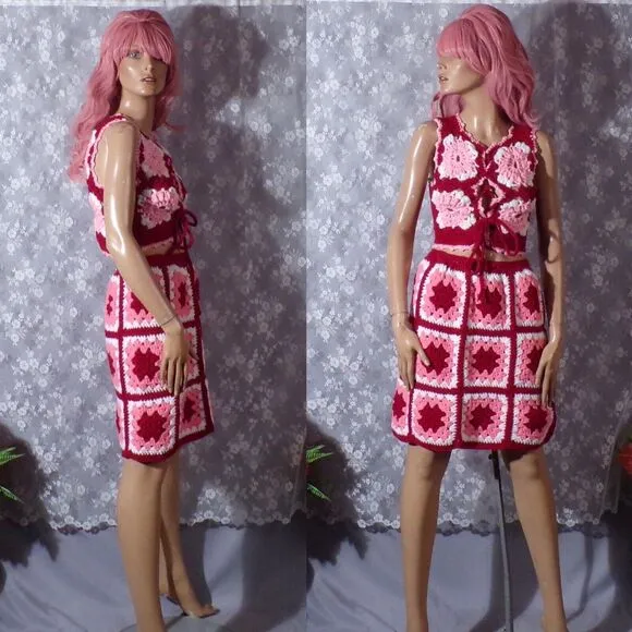 Vintage 70s Skirt Vest Set 1970s Crochet Red &amp; Pink Boho Hippie Mod Size Small