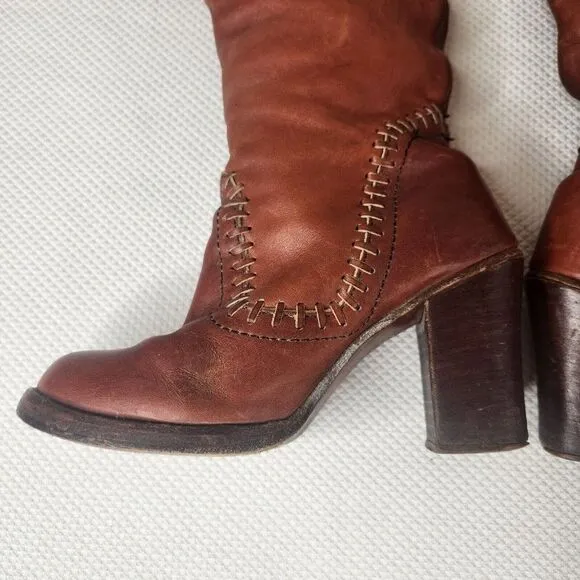 Vintage 70s Zodiac Tall Boots Womens Size 6.5 Brown Stacked Heel Boho Hippy