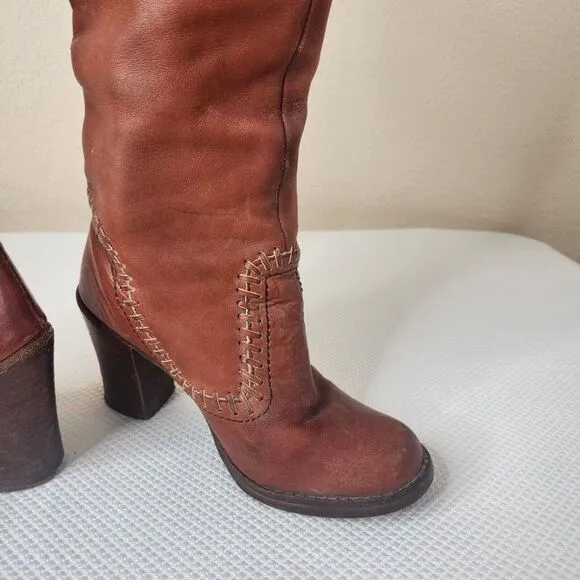 Vintage 70s Zodiac Tall Boots Womens Size 6.5 Brown Stacked Heel Boho Hippy