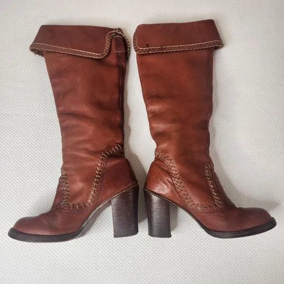 Vintage 70s Zodiac Tall Boots Womens Size 6.5 Brown Stacked Heel Boho Hippy