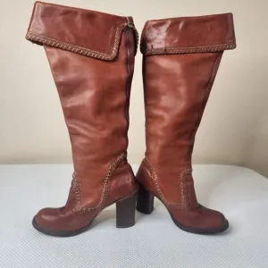 Vintage 70s Zodiac Tall Boots Womens Size 6.5 Brown Stacked Heel Boho Hippy
