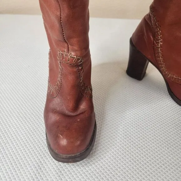 Vintage 70s Zodiac Tall Boots Womens Size 6.5 Brown Stacked Heel Boho Hippy