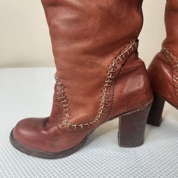 Vintage 70s Zodiac Tall Boots Womens Size 6.5 Brown Stacked Heel Boho Hippy