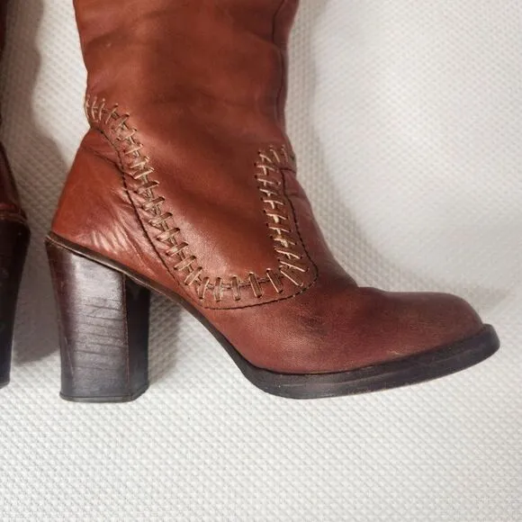 Vintage 70s Zodiac Tall Boots Womens Size 6.5 Brown Stacked Heel Boho Hippy