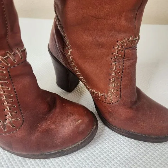 Vintage 70s Zodiac Tall Boots Womens Size 6.5 Brown Stacked Heel Boho Hippy