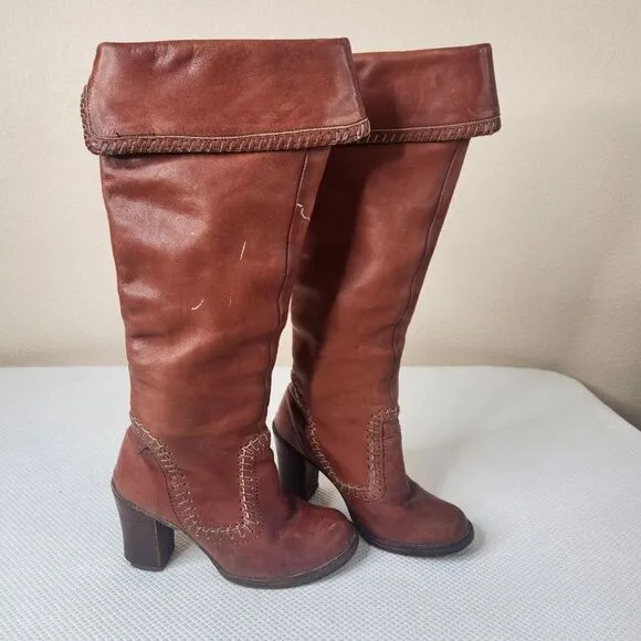 Vintage 70s Zodiac Tall Boots Womens Size 6.5 Brown Stacked Heel Boho Hippy
