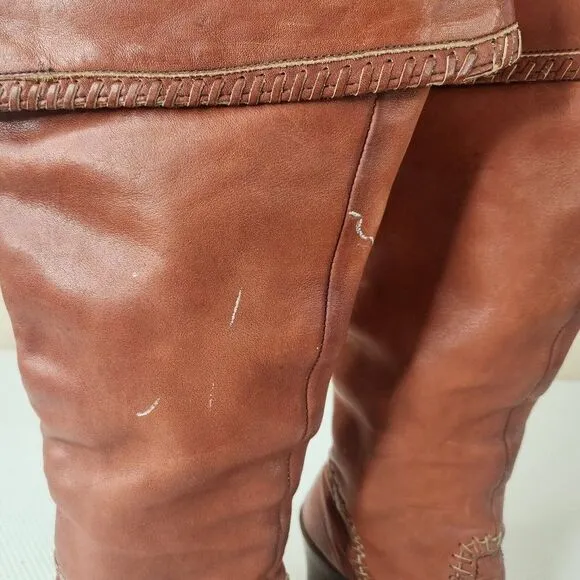 Vintage 70s Zodiac Tall Boots Womens Size 6.5 Brown Stacked Heel Boho Hippy