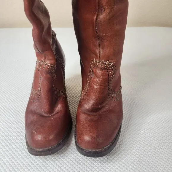 Vintage 70s Zodiac Tall Boots Womens Size 6.5 Brown Stacked Heel Boho Hippy