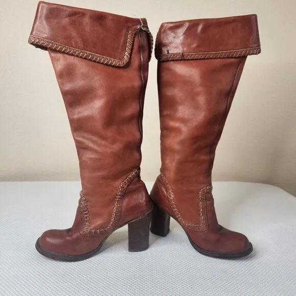 Vintage 70s Zodiac Tall Boots Womens Size 6.5 Brown Stacked Heel Boho Hippy