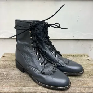 Vintage 80s 90s Justin Roper Gray Lace Up Kilte Fringe Toe Cowgirl Western Boots