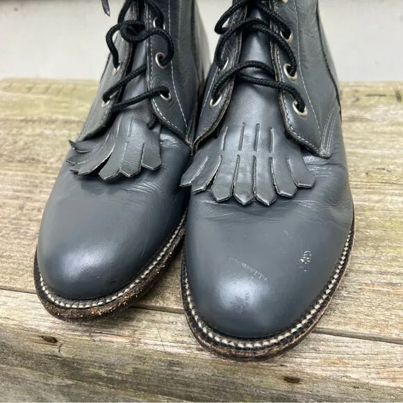 Vintage 80s 90s Justin Roper Gray Lace Up Kilte Fringe Toe Cowgirl Western Boots