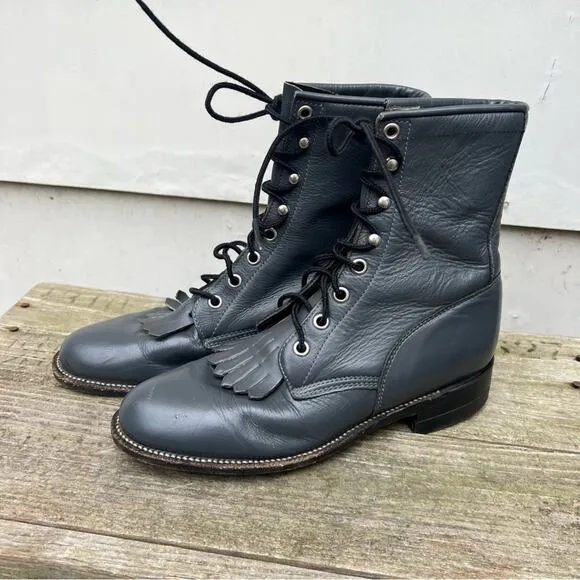 Vintage 80s 90s Justin Roper Gray Lace Up Kilte Fringe Toe Cowgirl Western Boots
