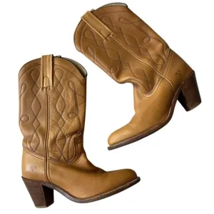 VINTAGE 80S FRYE TAN LEATHER COWBOY BOOTS SIZE 8 WOMENS