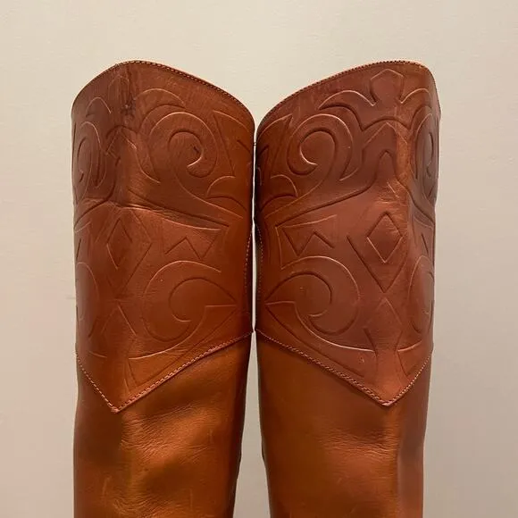 Vintage 80s Leather Boots 7 | Made in Brazil, Embossed Western Riding Boots, NEW