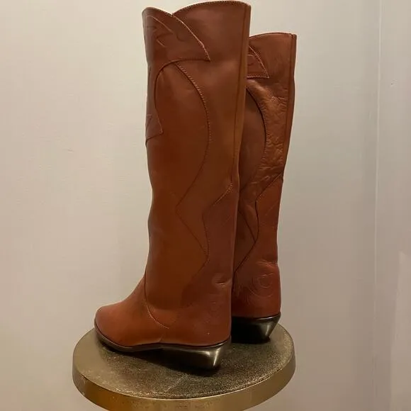Vintage 80s Leather Boots 7 | Made in Brazil, Embossed Western Riding Boots, NEW