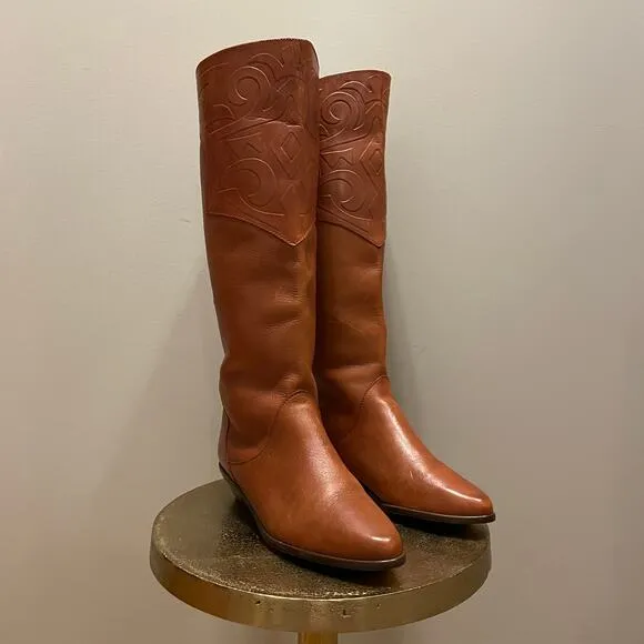 Vintage 80s Leather Boots 7 | Made in Brazil, Embossed Western Riding Boots, NEW