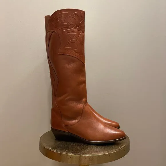 Vintage 80s Leather Boots 7 | Made in Brazil, Embossed Western Riding Boots, NEW