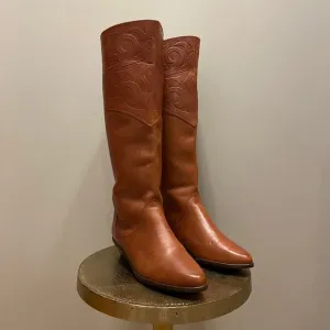 Vintage 80s Leather Boots 7 | Made in Brazil, Embossed Western Riding Boots, NEW