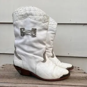 Vintage 80s white and tooled slouchy cowgirl western boots