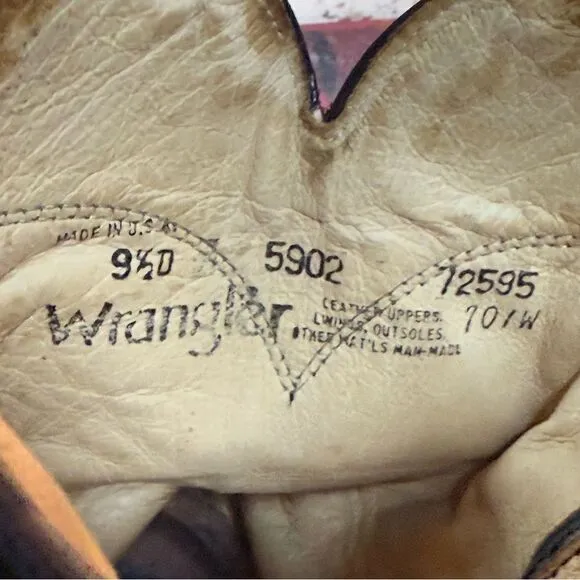 Vintage 80s Wrangler Black Leather Cowboy Boots - Made in USA - Size 9 1/2