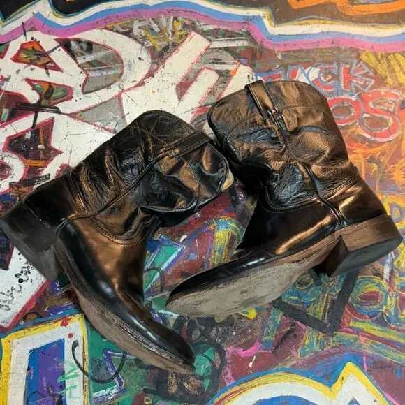 Vintage 80s Wrangler Black Leather Cowboy Boots - Made in USA - Size 9 1/2