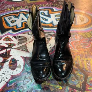 Vintage 80s Wrangler Black Leather Cowboy Boots - Made in USA - Size 9 1/2