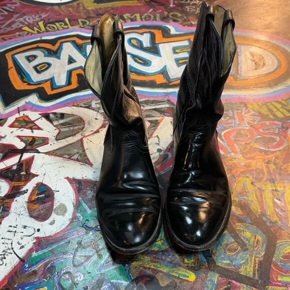 Vintage 80s Wrangler Black Leather Cowboy Boots - Made in USA - Size 9 1/2