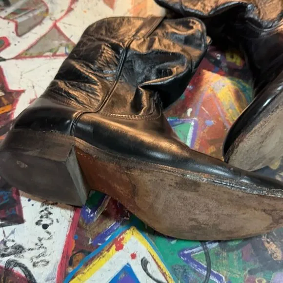 Vintage 80s Wrangler Black Leather Cowboy Boots - Made in USA - Size 9 1/2