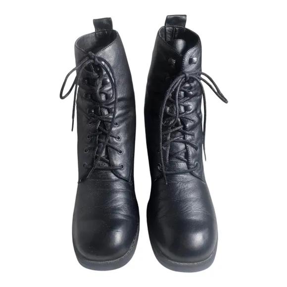 Vintage 90s Apostrophe Black Leather Lace Up Ankle Boot Square Toe Size 9