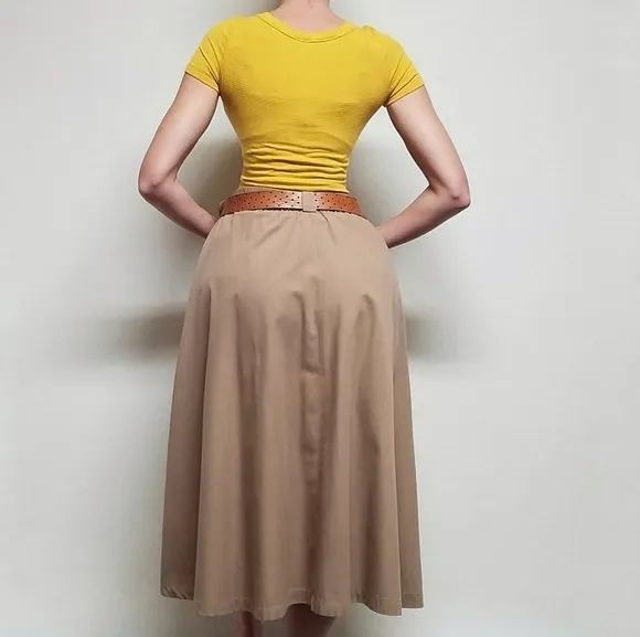 Vintage 90s Chaus Khaki Boho High Rise Side Pocket Pleated Button Up Midi Skirt