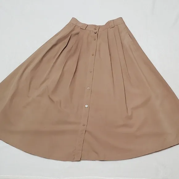 Vintage 90s Chaus Khaki Boho High Rise Side Pocket Pleated Button Up Midi Skirt