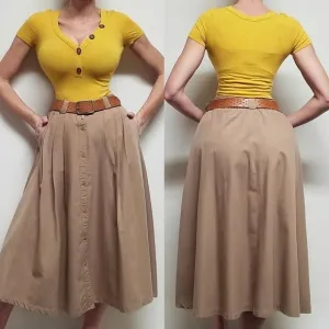 Vintage 90s Chaus Khaki Boho High Rise Side Pocket Pleated Button Up Midi Skirt