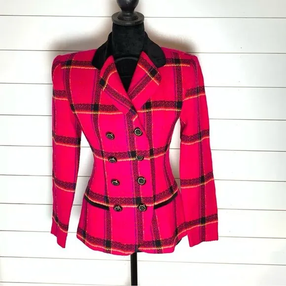 Vintage 90s Hot Pink Plaid Blazer Double Breasted Lois Snyder Dani Max Size 6