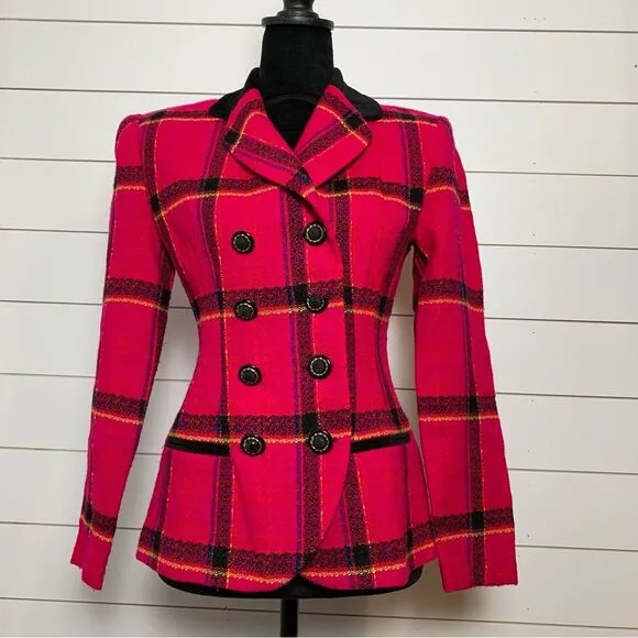 Vintage 90s Hot Pink Plaid Blazer Double Breasted Lois Snyder Dani Max Size 6