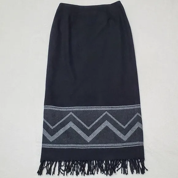 VINTAGE 90s Nine &amp; Company Black Wool Blanket Print Fringe Trim Maxi Wrap Skirt