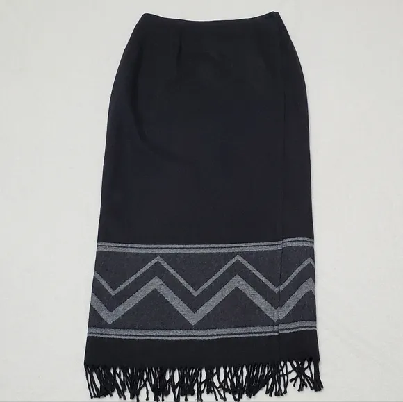 VINTAGE 90s Nine &amp; Company Black Wool Blanket Print Fringe Trim Maxi Wrap Skirt