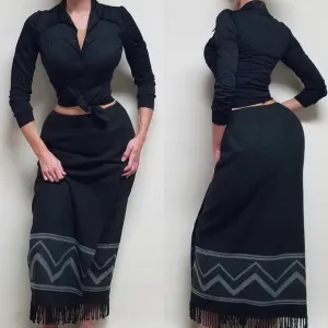 VINTAGE 90s Nine &amp; Company Black Wool Blanket Print Fringe Trim Maxi Wrap Skirt