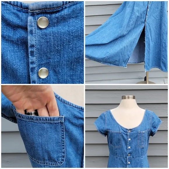 Vintage 90s y2k Ralph Lauren Pearl Snap Boho Western Blue Denim Shirt Dress 12