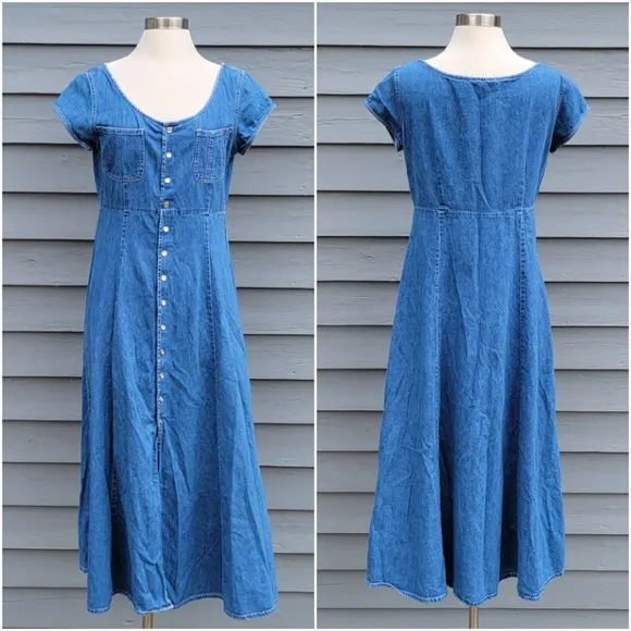 Vintage 90s y2k Ralph Lauren Pearl Snap Boho Western Blue Denim Shirt Dress 12